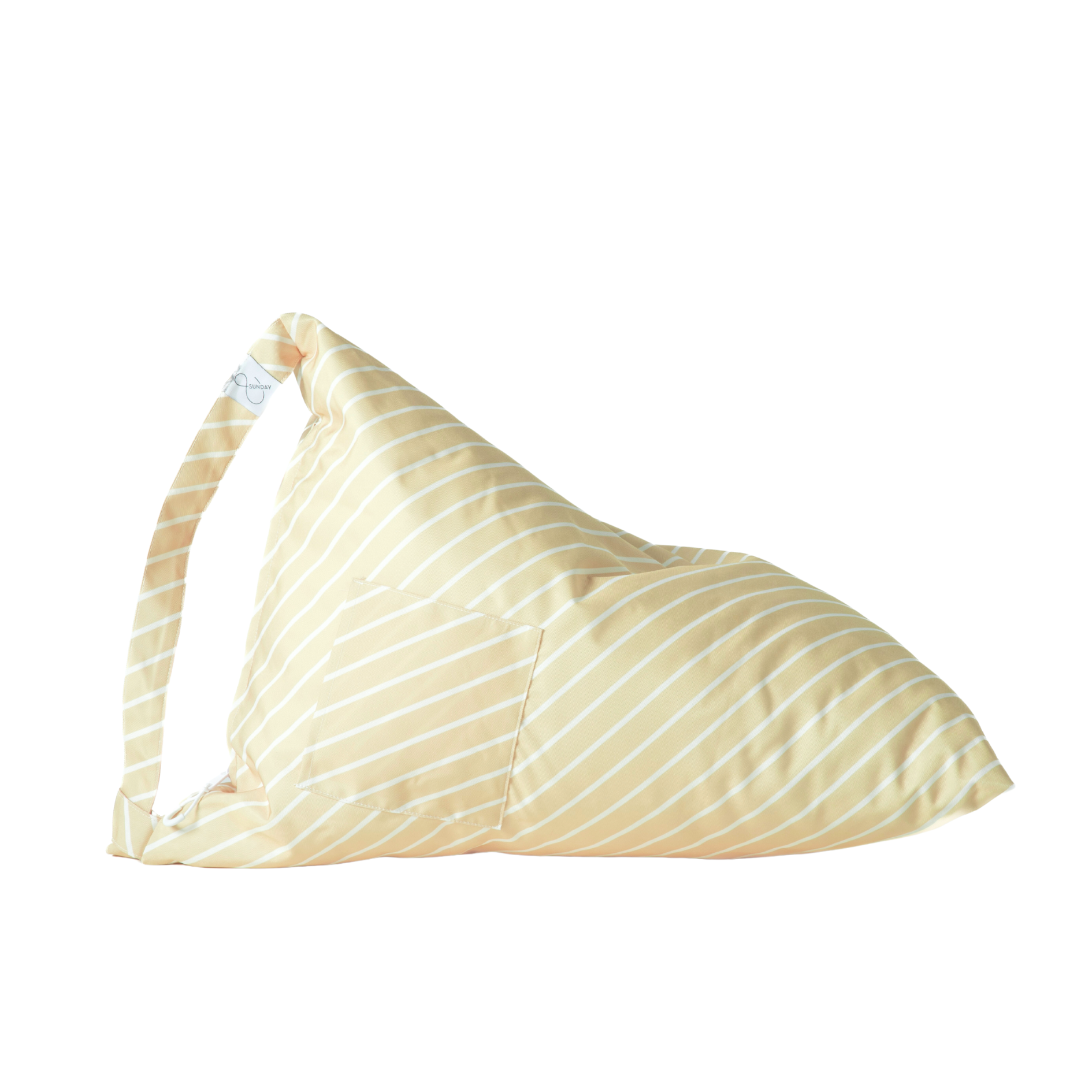 Yellow bean bag chair with white stripes on a white background