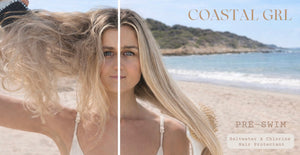 Woman with long blonde hair on a beach with 'Coastal Girl' branding.