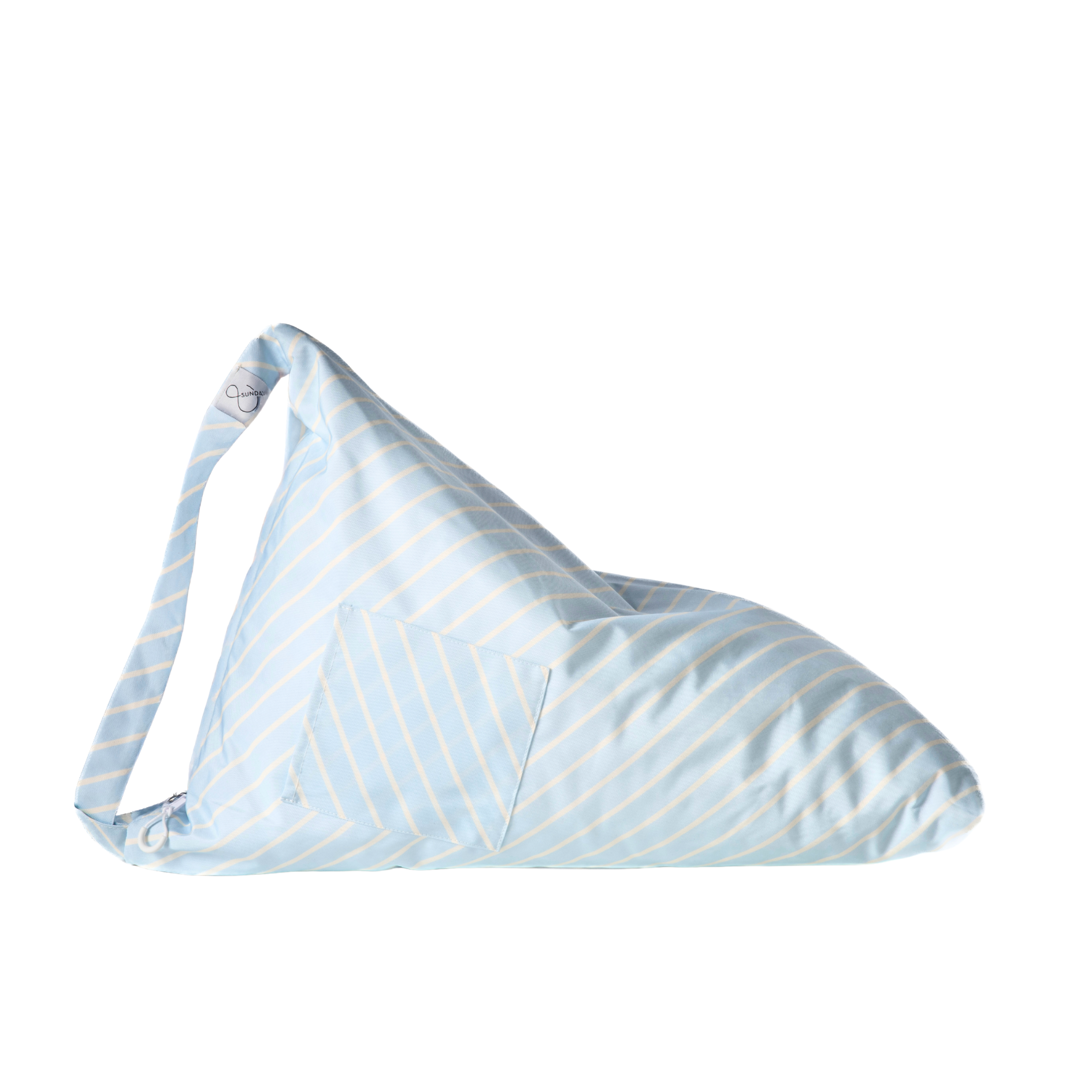 Blue bean bag chair with white stripes on a white background