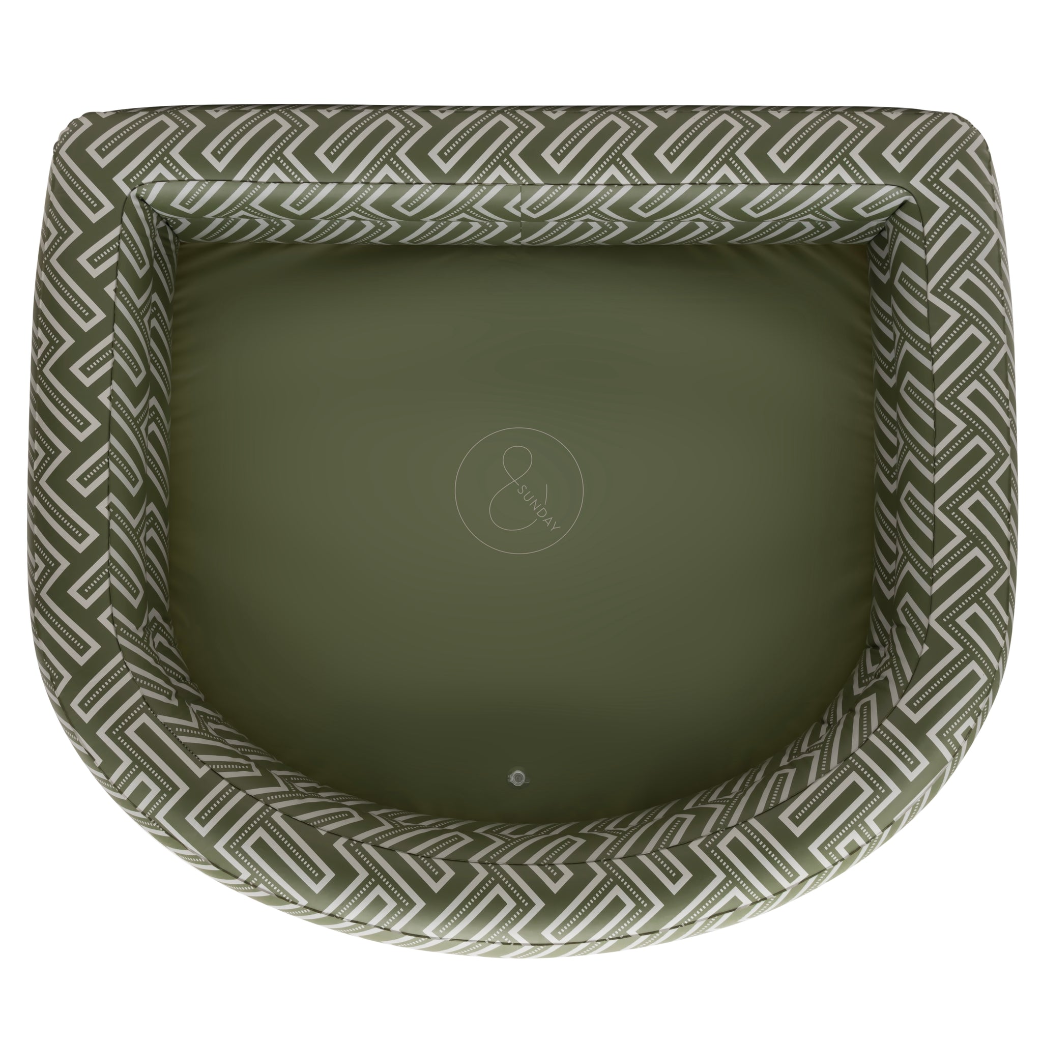 An olive green inflatable arch-shaped pool with a geometric maze pattern around the border.