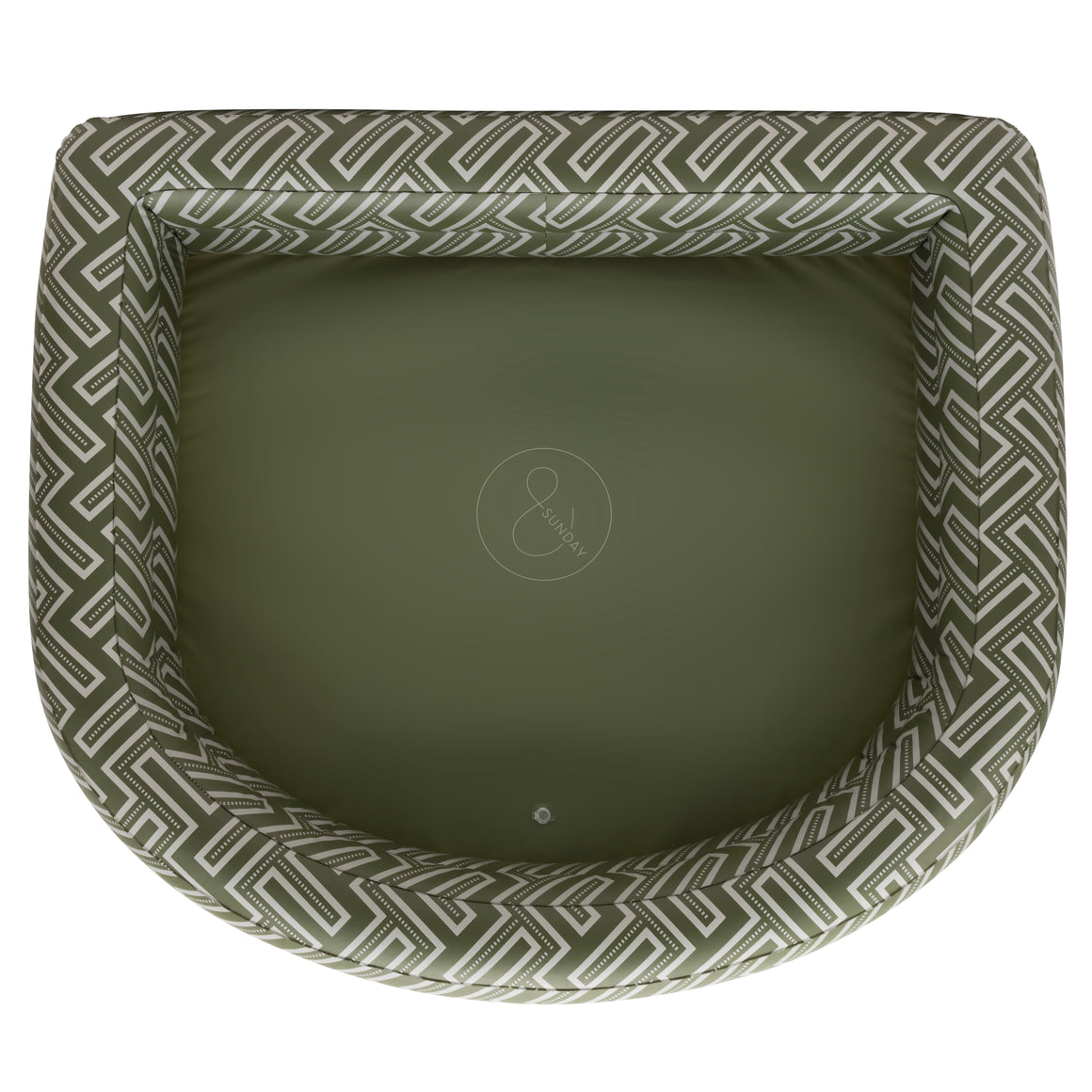 An olive green inflatable arch-shaped pool with a geometric maze pattern around the border.