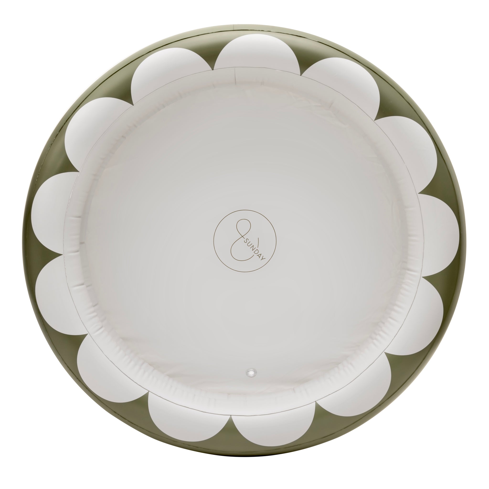An inflatable round pool with a scalloped edge design in a natural green and white color palette, featuring the &SUNDAY brand symbol in the center.