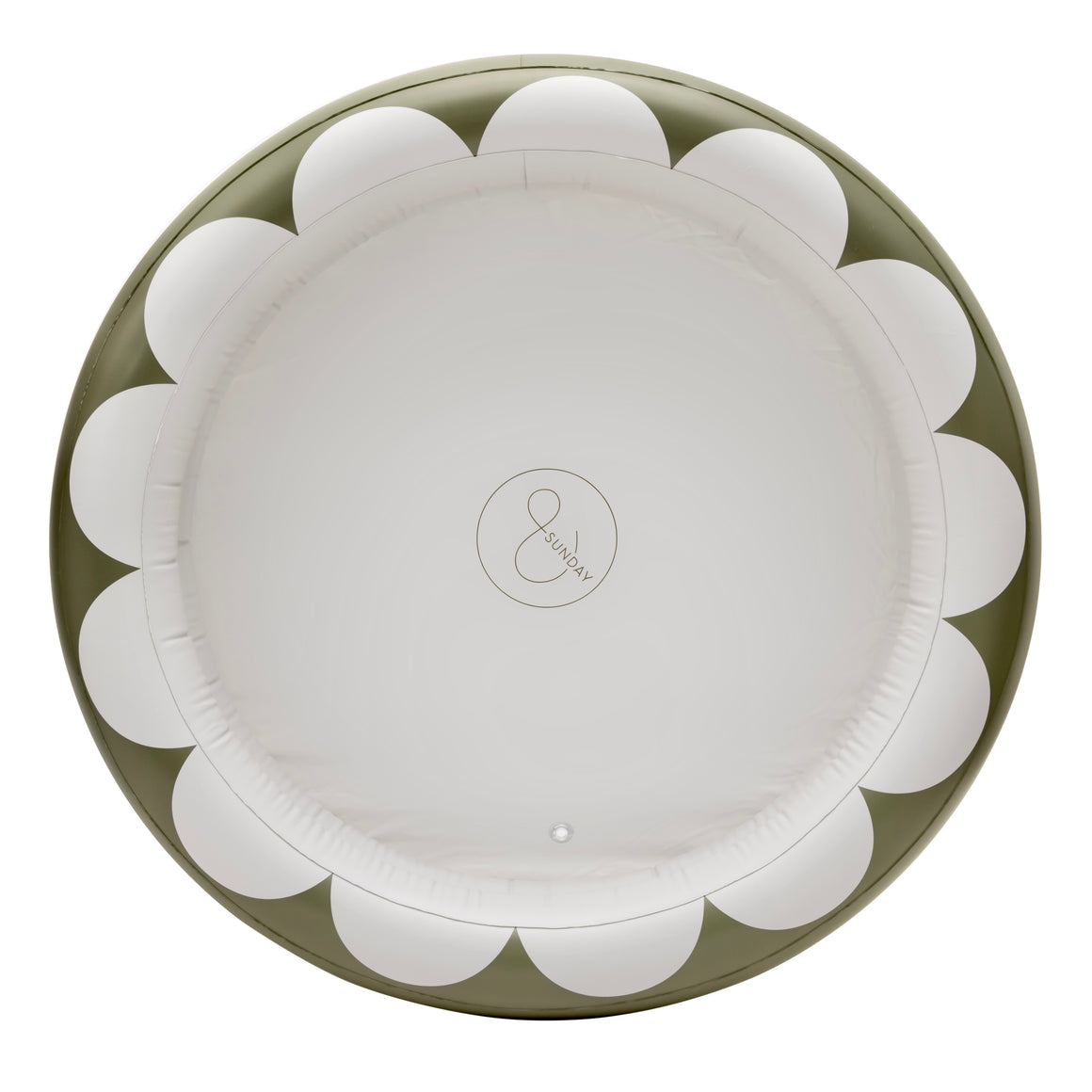 An inflatable round pool with a scalloped edge design in a natural green and white color palette, featuring the &SUNDAY brand symbol in the center.