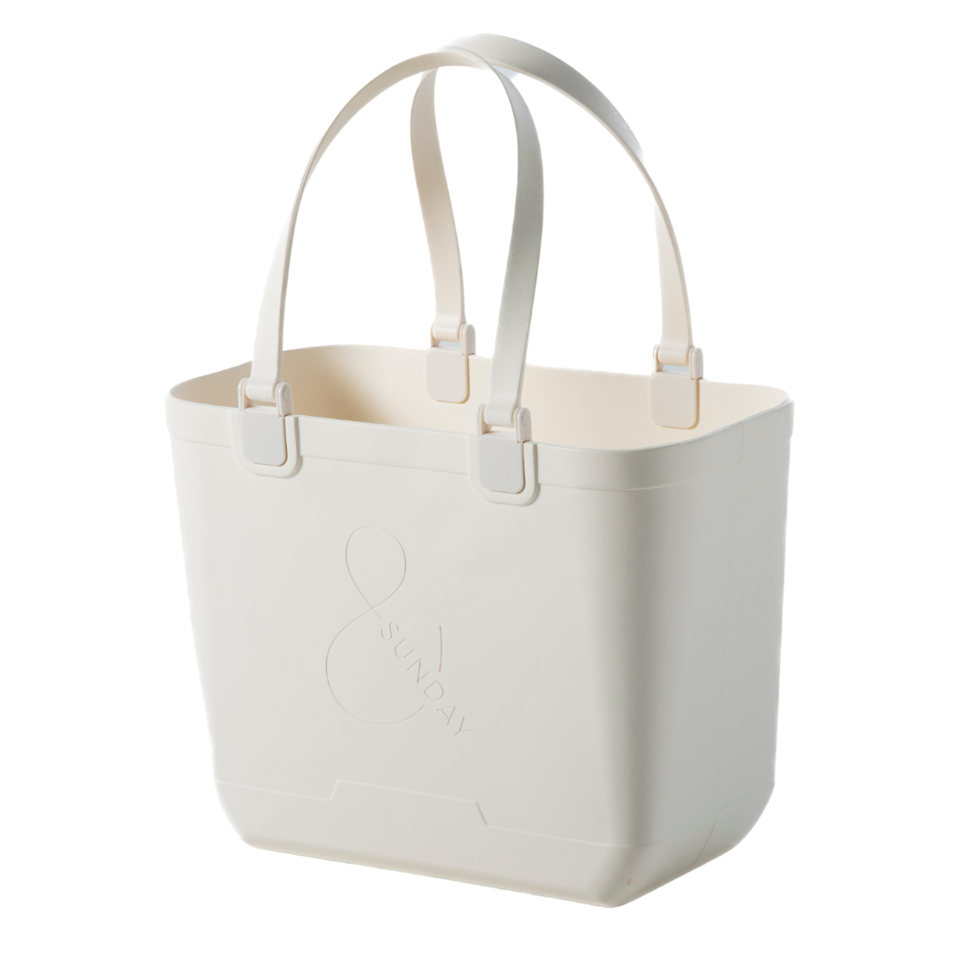 White tote bag with handles on a white background